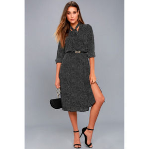 Lulus Dress Womens Medium Black White Casual Polka Dot Long Sleeve Midi Ladies